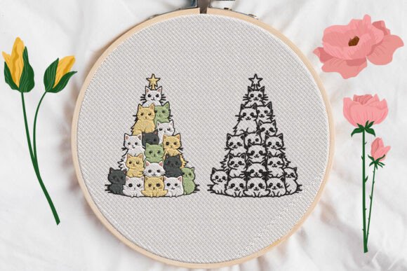 Christmas Tree Made of Cats Embroidery