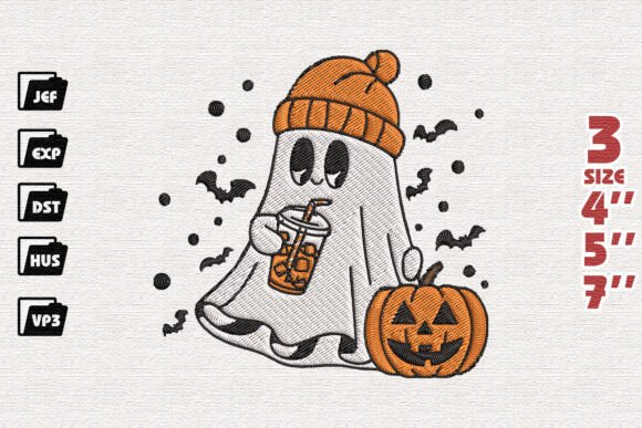 Cute Ghost Drinking Coffee Embroidery
