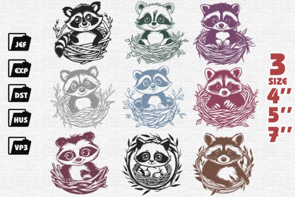 Set of 9 Cute Raccoon Embroidery