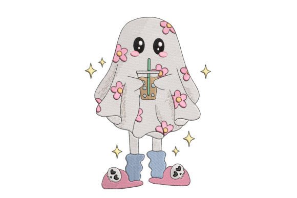 Spooky Ghost Drinking Coffee Embroidery